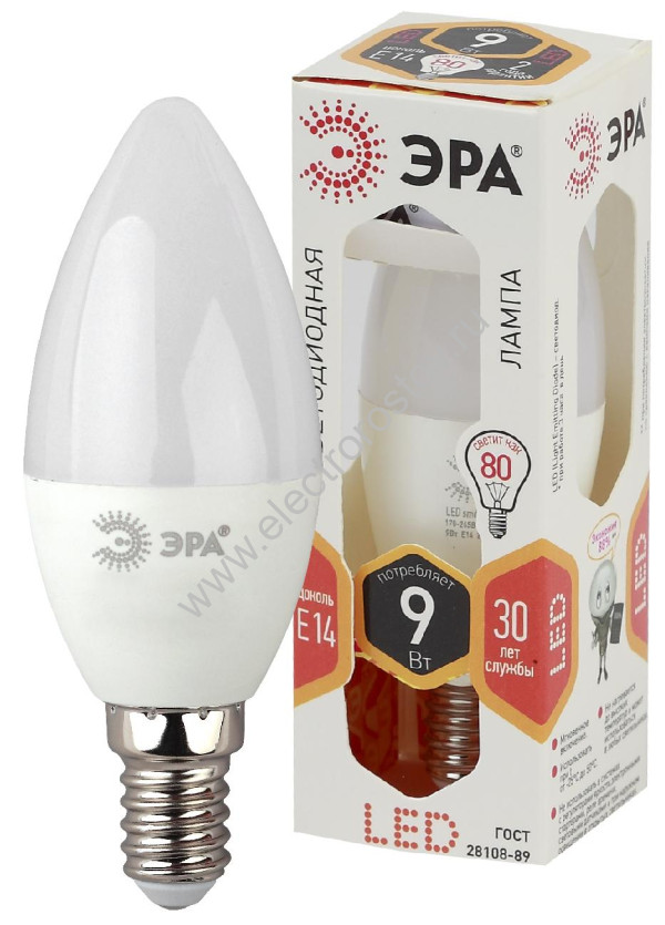 Лампа светодиодная LED Свеча 9W 827 E14 ЭРА