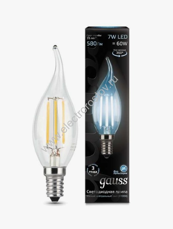 Лампа FILAMENT Свеча на ветру прозрачная 7Вт Е14 4000К Gauss