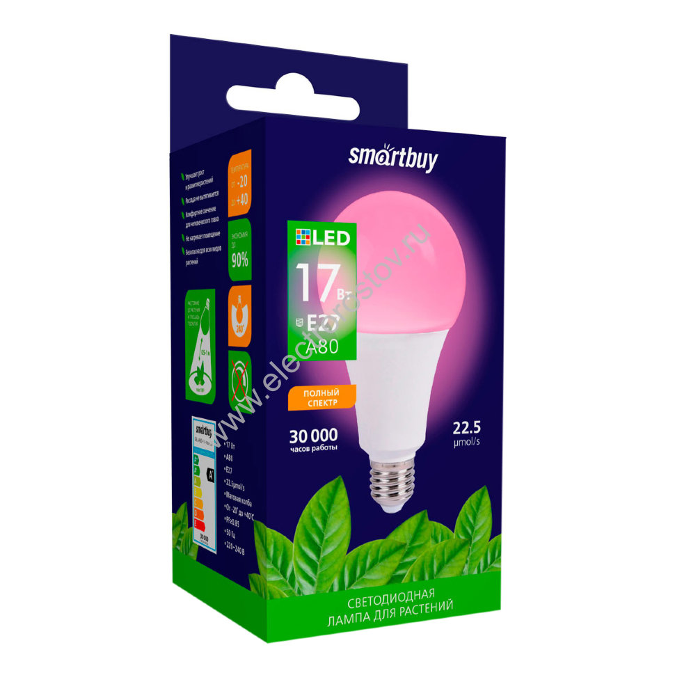 Лампа для роста растений FITO LED A60 Груша 17Вт Е27 Smartbuy