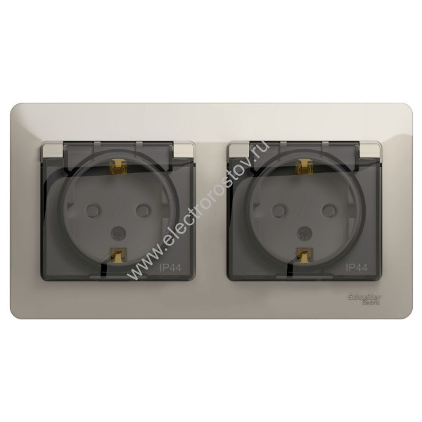 Glossa Молочный Розетка 2-ая с/з, со шторками с крышкой, в сборе, IP44 Schneider Electric