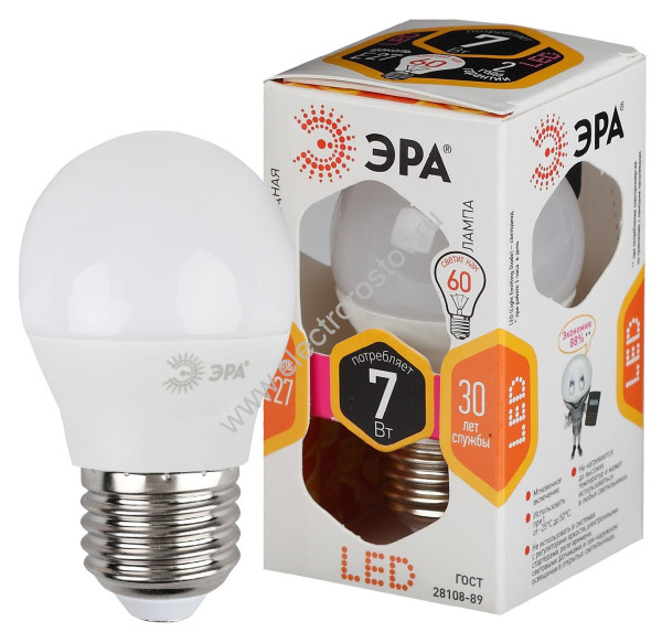 Лампа светодиодная LED Шар 7W 827 E27 ЭРА
