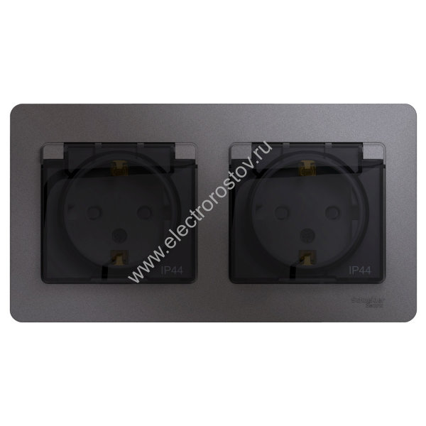 Glossa Графит Розетка 2-ая с/з, со шторками с крышкой, в сборе, IP44 Schneider Electric