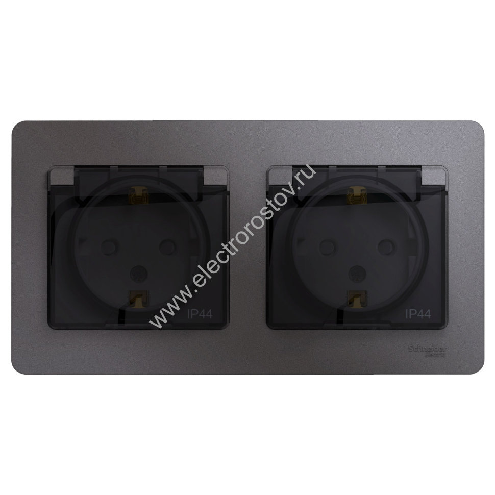 Glossa Графит Розетка 2-ая с/з, со шторками с крышкой, в сборе, IP44 Schneider Electric