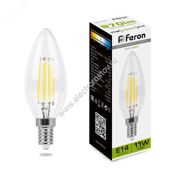 Лампа светодиодная FILAMENT Свеча прозрачная 11Вт Е14 4000К 970Лм FERON