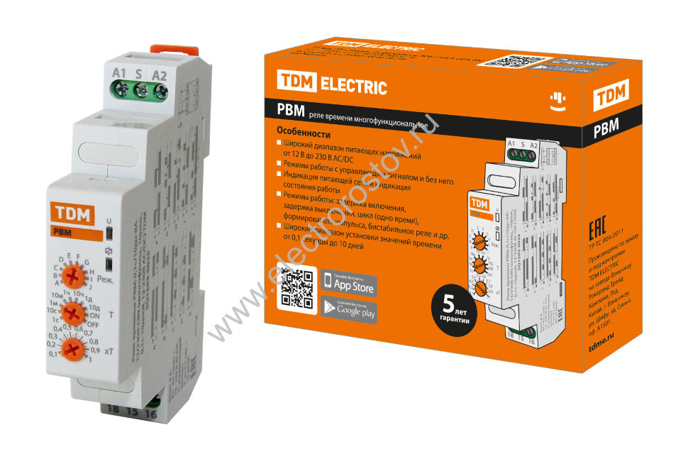 Реле времени РВМ-0,1с/10дн-8А-12/230В - DIN (10 реж., 0,1с-10дней, 12-230В AC/DC) TDM