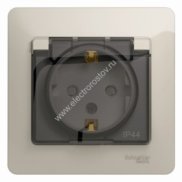Glossa Молочный Розетка 1-ая с/з со шторками с крышкой IP44 (в сборе с рамкой) Schneider Electric