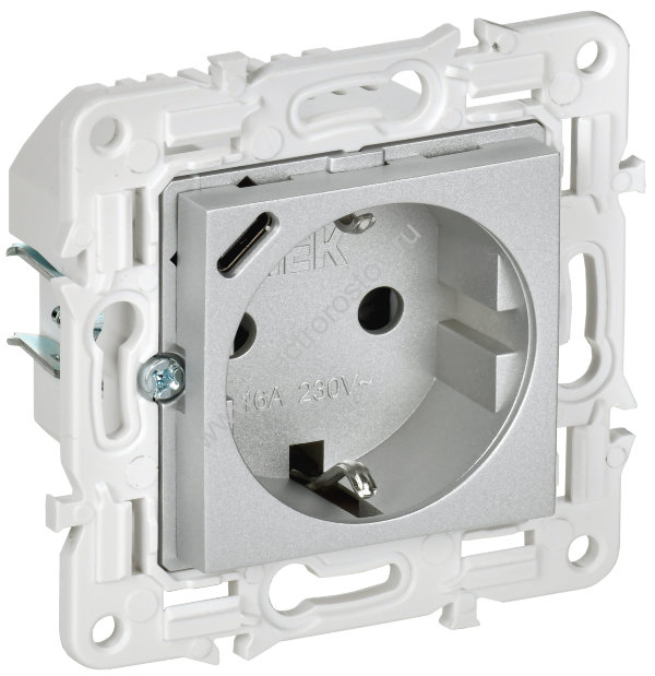 IEK SKANDY Серебряный Розетка с/з с защитными шторками 16А с USB C 18Вт SK-R17S