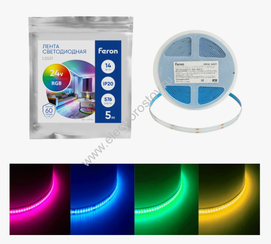 Лента светодиодная 24V IP20 14W/m RGB COB Feron (КРАТНО 5М цена за 1 метр)