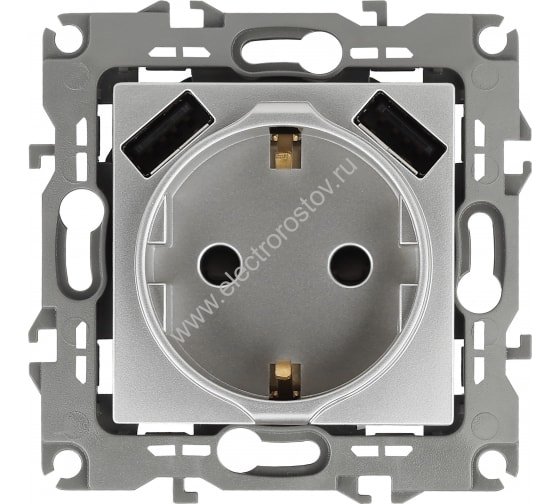 Elegance Алюминий Розетка 1-ая с/з + 2хUSB, 5В-3000мА ЭРА