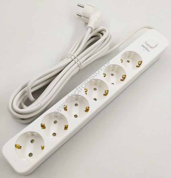 Сетевой фильтр 1.5м, 6 розеток, 10A, 2200Вт, белый Perfeo