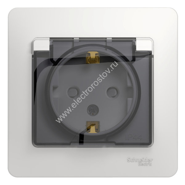 Glossa Белый Розетка 1-ая с/з со шторками с крышкой, IP44 (в сборе с рамкой) Schneider Electric