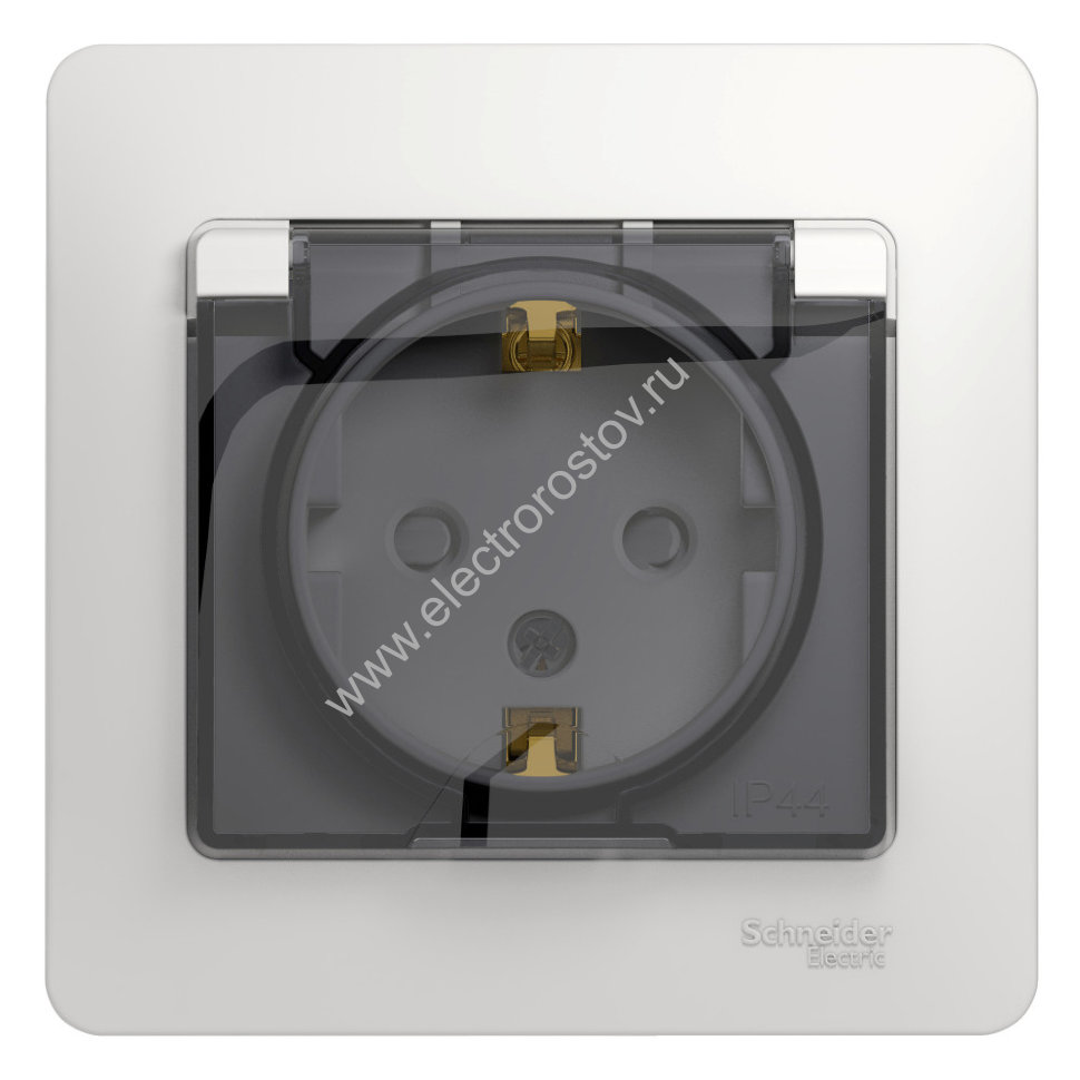 Glossa Белый Розетка 1-ая с/з со шторками с крышкой, IP44 (в сборе с рамкой) Schneider Electric