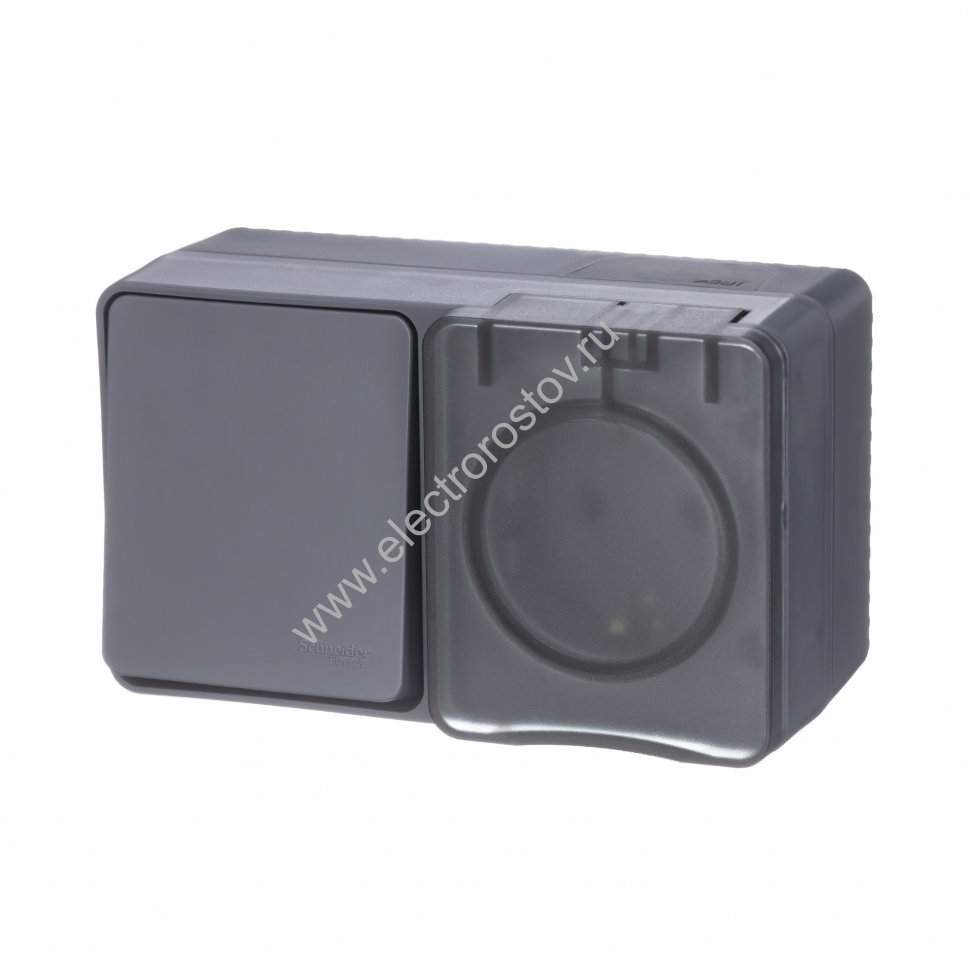 AtlasDesign Profi54 Антрацит БЛОК: розетка с/з со шторками 16А, выключатель 1-клав. IP54 Schneider