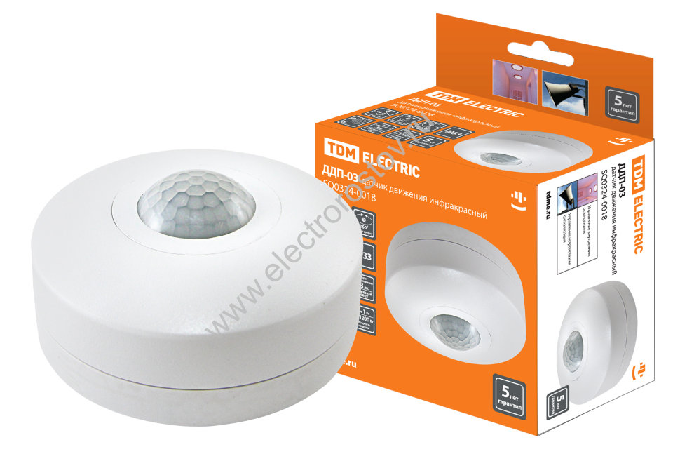 Датчик движения потолочный  ДДП-03 1200Вт, 1-420с, 6м, 3+Лк, 120 (сбоку)+360 (сверху) гр, IP33 TDM