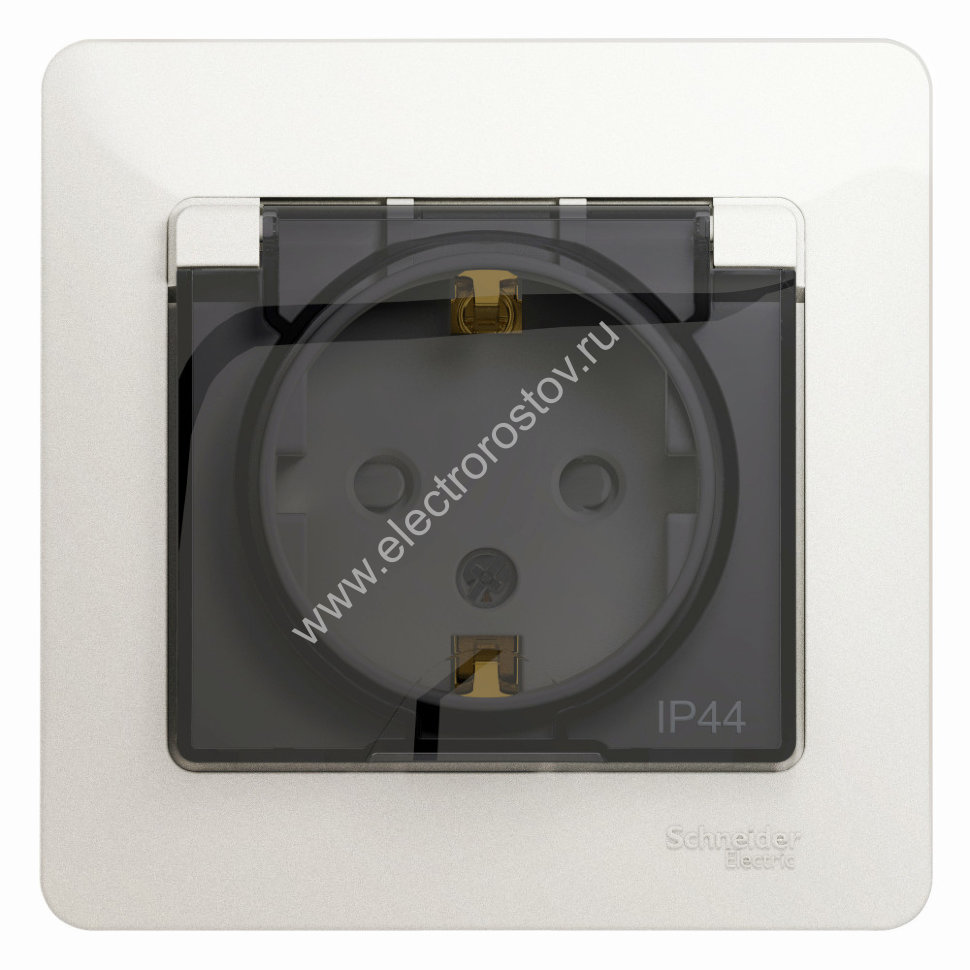 Glossa Перламутр Розетка 1-ая с/з со штор. с крыш., 16А, IP44 (в сборе с рамкой) Schneider Electric