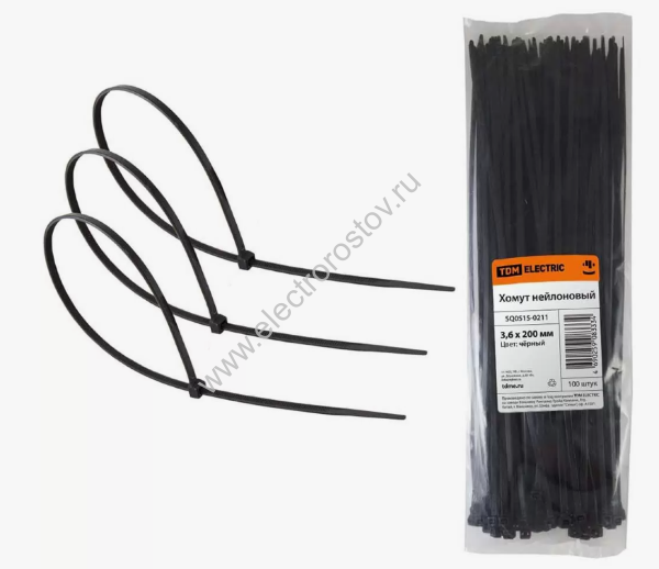 Стяжки кабельная (хомут) 3,6*200 нейлон (черный) (уп.-100шт) TDM