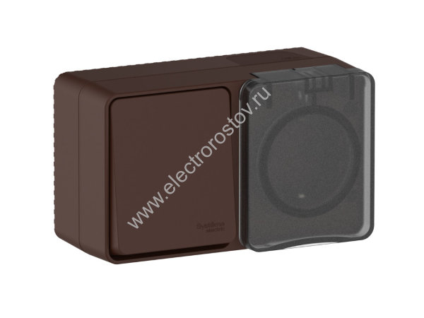 AtlasDesign Profi54 Коричневый БЛОК: розетка с/з со шторками 16А, выключатель однокл. IP54 Schneider