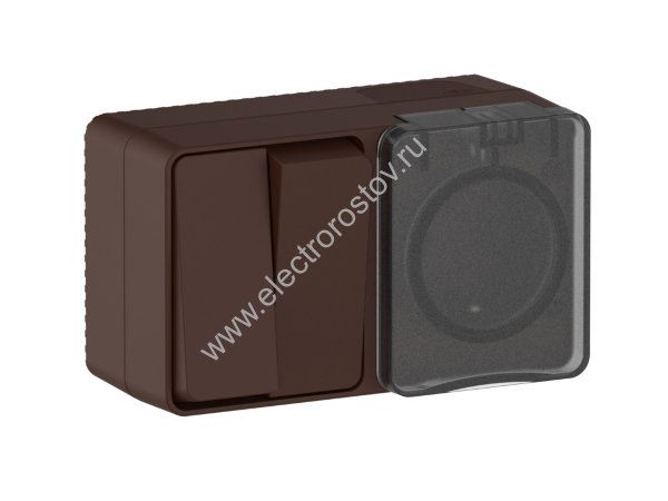 AtlasDesign Profi54 Коричневый БЛОК: розетка с/з со шторками 16А, выключатель двухкл. IP54 Schneider