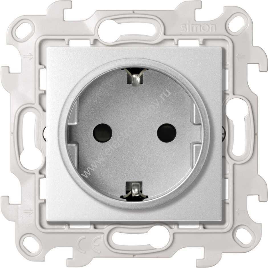 Simon 24 Алюминий Розетка 1-ая с заземлением, с защитными шторками Push and Go Simon