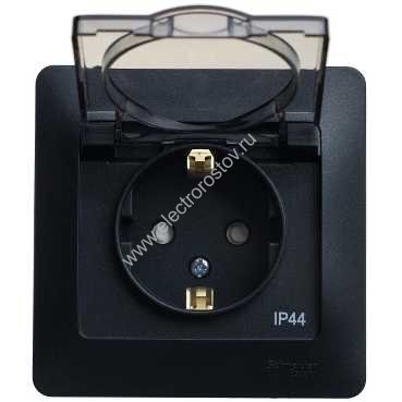 Glossa Антрацит Розетка 1-ая с/з со шторками с крышкой, IP44 (в сборе с рамкой) Schneider Electric