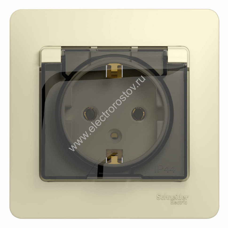 Glossa Бежевый Розетка 1-ая с/з со шторками с крышкой, IP20 (в сборе с рамкой) Schneider Electric