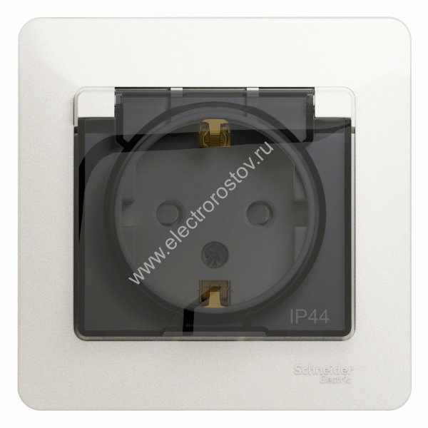 Glossa Перламутр Розетка 1-ая с/з со штор. с крыш., 16А, IP44 (в сборе с рамкой) Schneider Electric