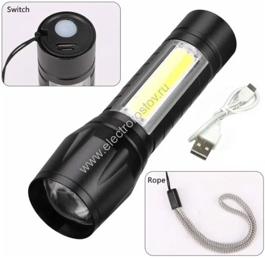 Фонарь ручной аккумуляторный  3W, 140Lm, 70Lm microUSB