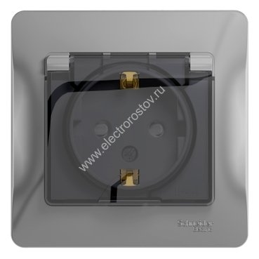 Glossa Алюминий Розетка 1-ая с/з со шторками с крышкой, IP44 (в сборе с рамкой) Schneider Electric