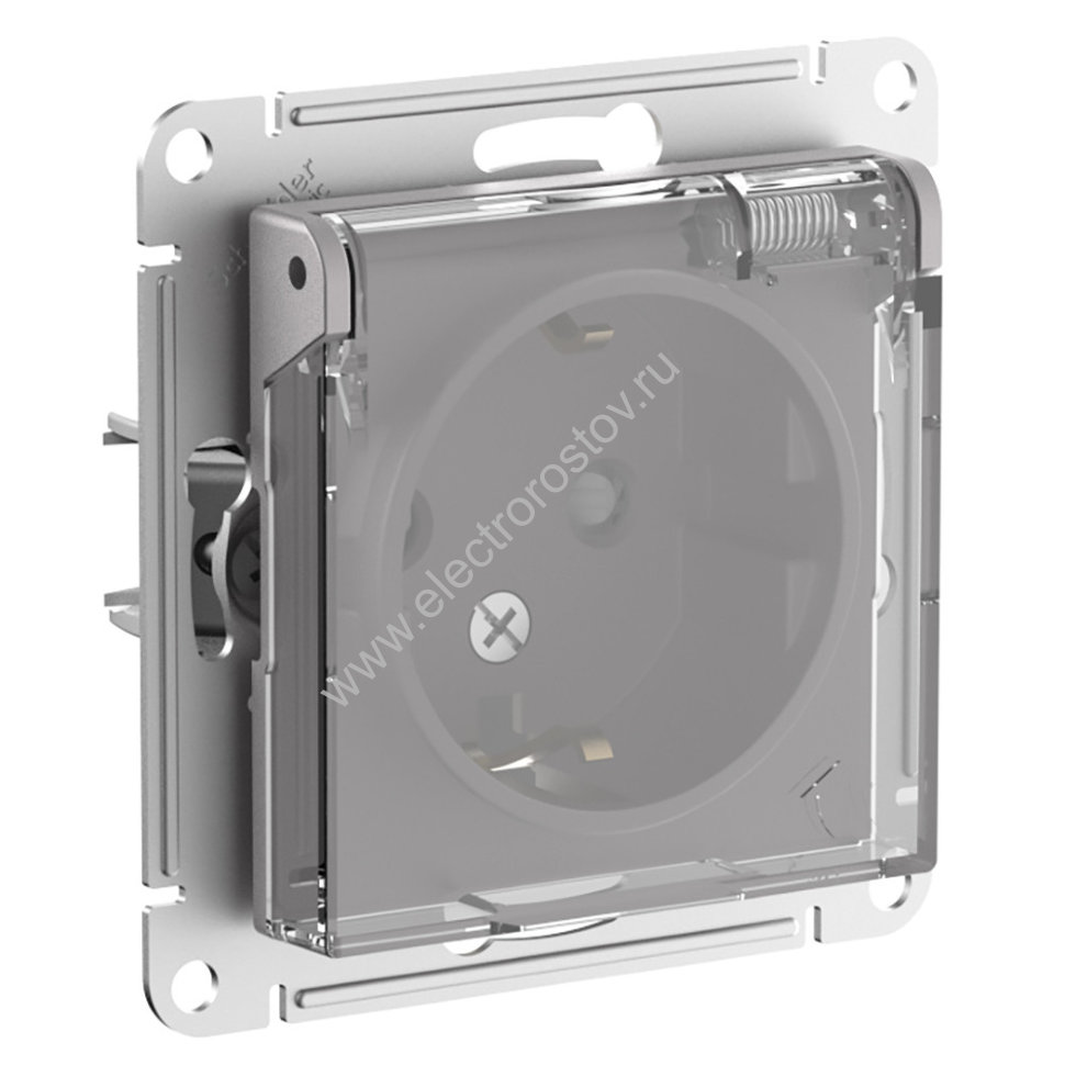 AtlasDesign Aqua Алюминий Розетка 1-ая с/з со шторками с прозрачной крышкой, IP44 Schneider Electric