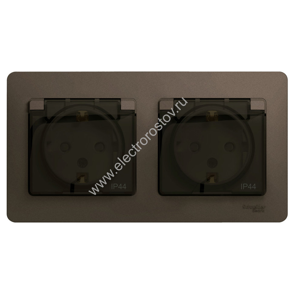 Glossa Шоколад Розетка 2-ая с/з, со шторками с крышкой, в сборе, IP44 Schneider Electric
