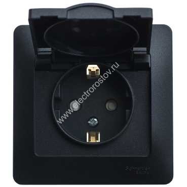 Glossa Антрацит Розетка 1-ая с/з со шторками с крышкой, IP20 (в сборе с рамкой) Schneider Electric