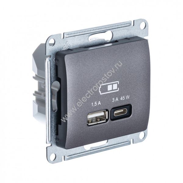 Systeme Electric Glossa Графит USB Розетка A + тип-C 45W высокоскор.заряд. QC, PD, мех.