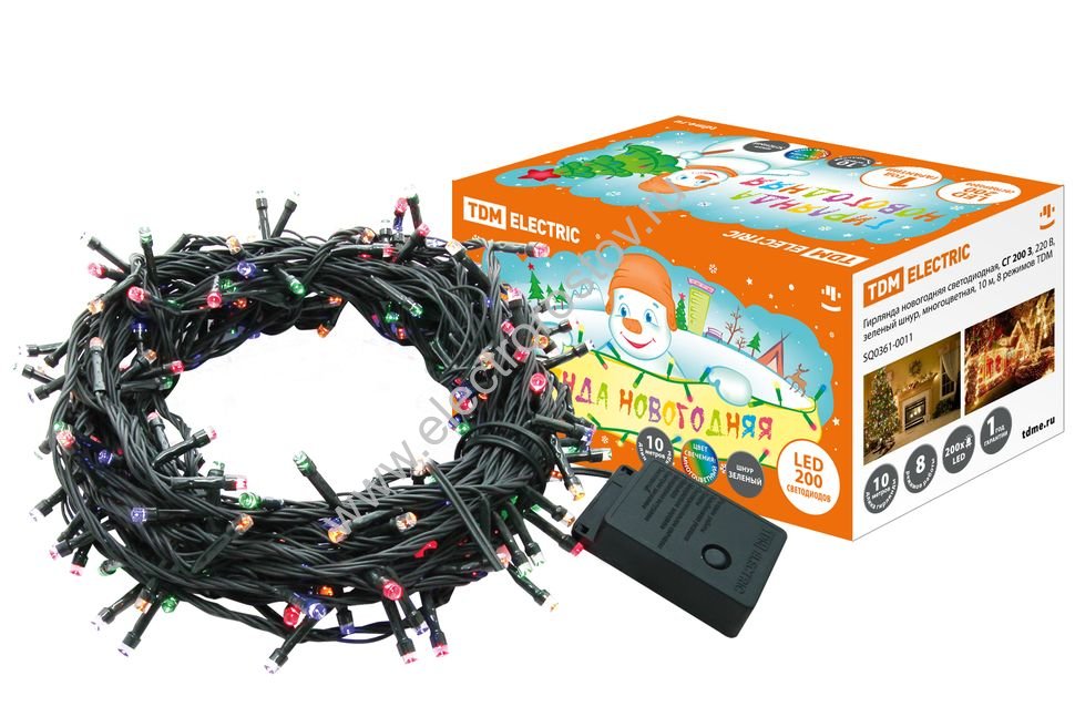 Гирлянда новогодняя светодиодная, СГ 200 3, 220В, зеленый шнур, многоцветная, 10м, 8 режимов TDM