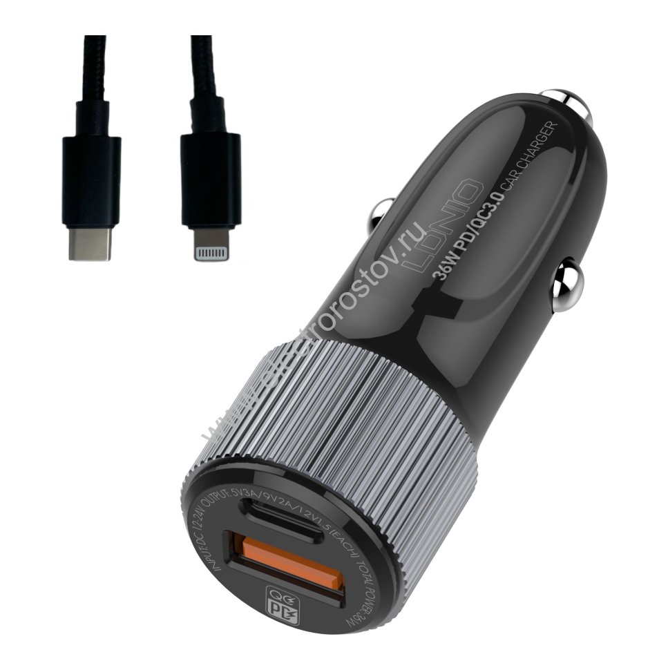 Блок авто 2хUSB C+A + Кабель Type-C Lightning Выход: 36W LDNIO
