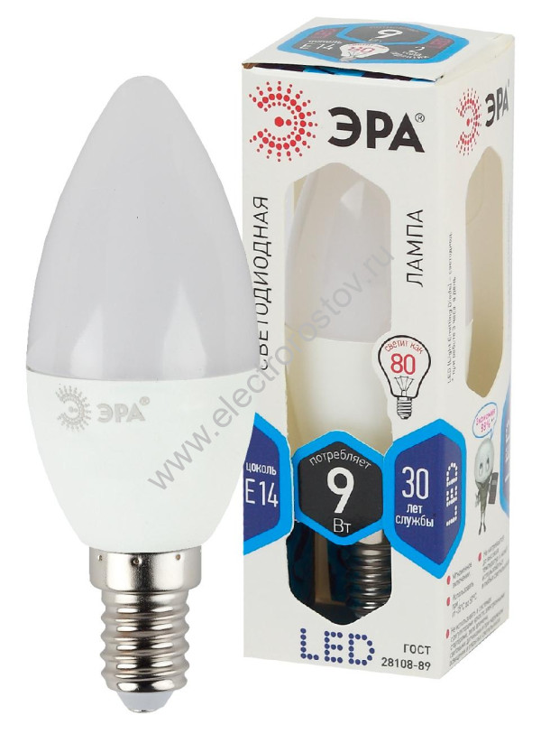 Лампа светодиодная LED Свеча 9W 840 E14 ЭРА