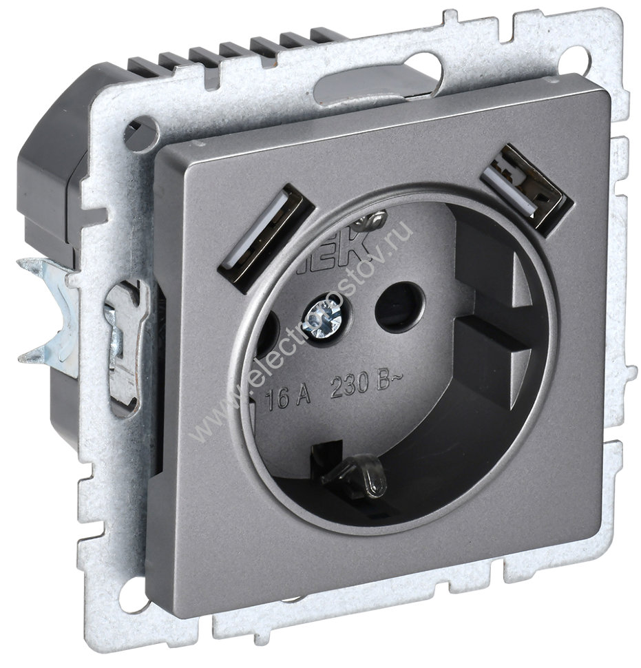 IEK BRITE BASE Сталь Розетка с з/к/ш 16А с USB A+A 2,1А РЮш10-1-БрС