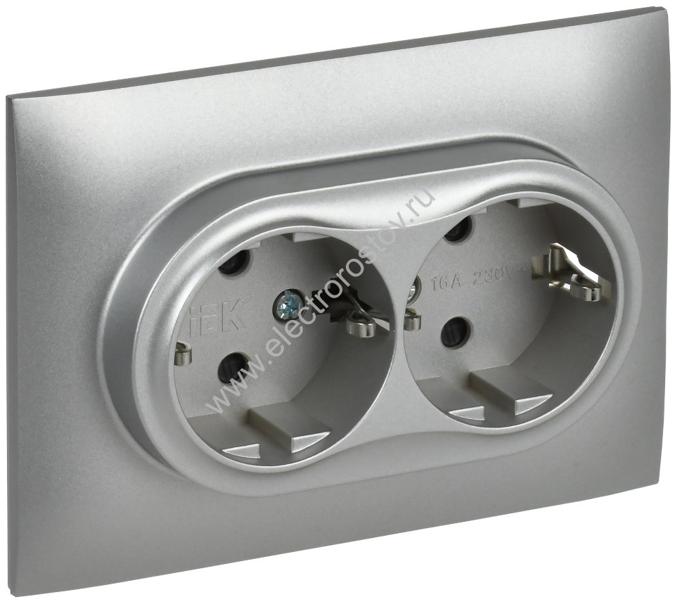 IEK SKANDY Серебряный Розетка 2-ая с/з с защитными шторками 16А в сборе SK-R07S