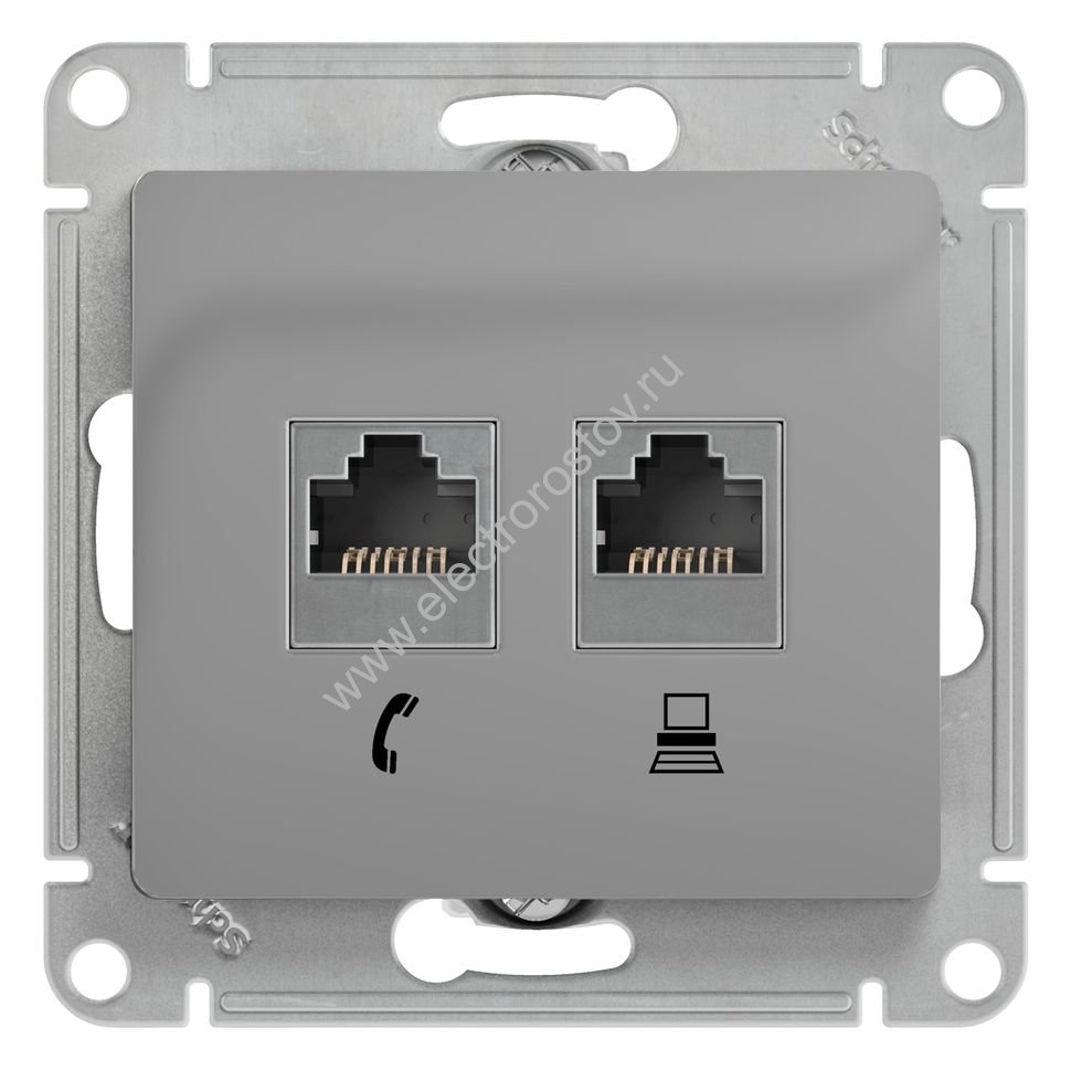 Glossa Алюминий Розетка компьютерная + телеф., RJ11+RJ45, кат.5e Schneider Electric