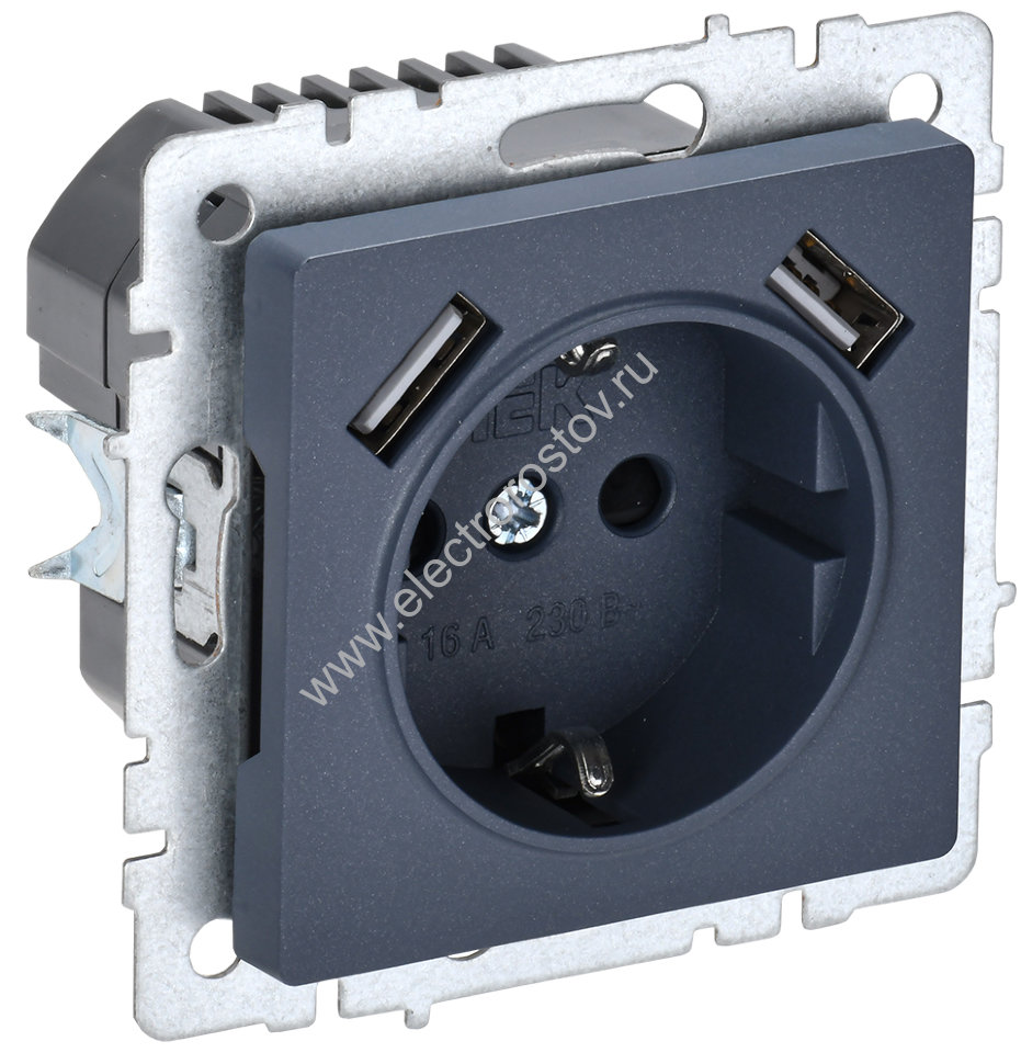 IEK BRITE BASE Маренго Розетка с з/к/ш 16А с USB A+A 3,1А РЮш10-2-БрМ