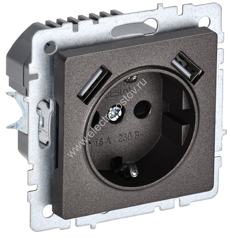 IEK BRITE BASE Темн.бронза Розетка с з/к/ш 16А с USB A+A 3,1А РЮш10-2-БрТБ