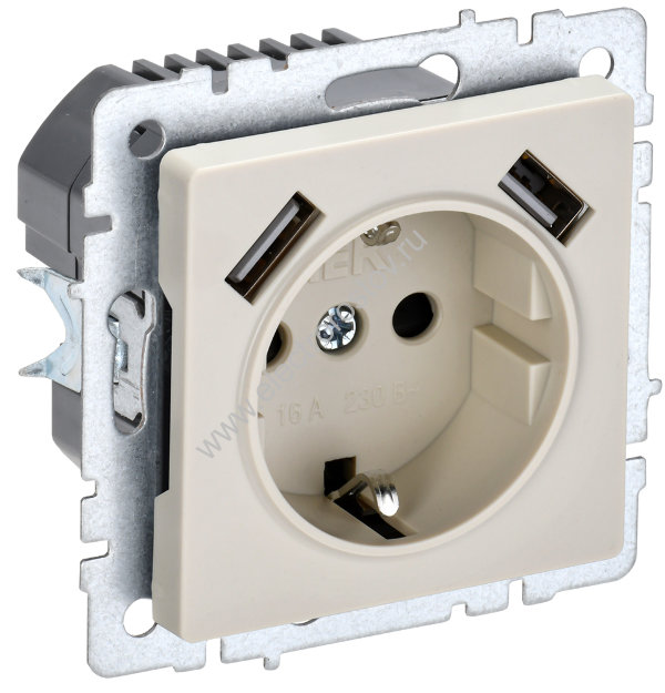IEK BRITE BASE Бежевый Розетка с з/к/ш 16А с USB A+A 2,1А РЮш10-1-БрКр