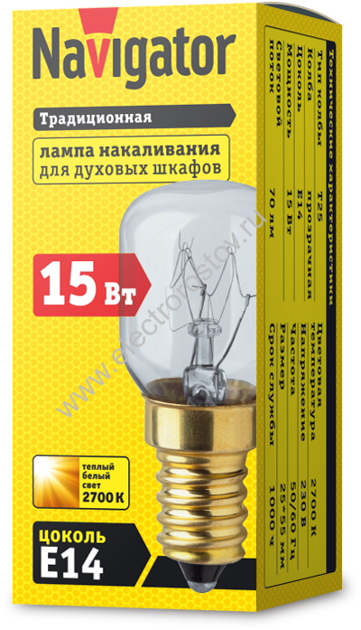 Лампа накаливания "мини" прозр. 15Вт Е14 230В жаросткая для дух. шкафов Navigator