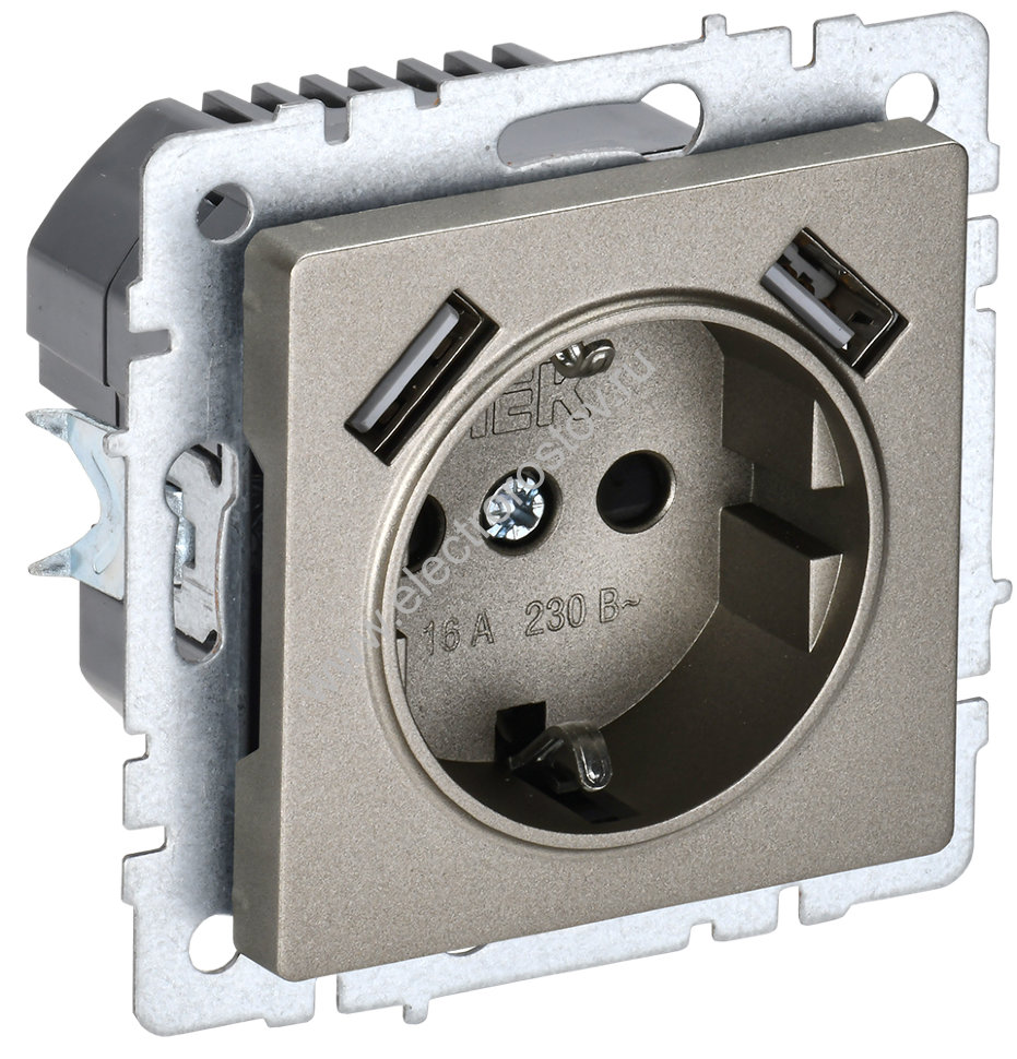IEK BRITE BASE Шампань Розетка с з/к/ш 16А с USB A+A 2,1А РЮш10-1-БрШ