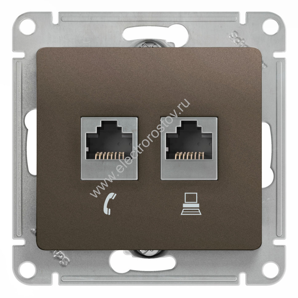 Glossa Шоколад Розетка компьютерная + телеф. RJ11+RJ45, кат. 5e Schneider Electric