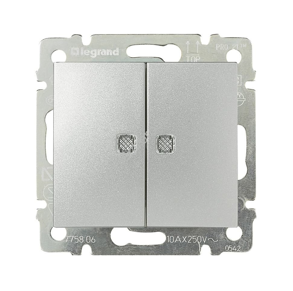 Valena Алюминий Выключатель 2-х клавишный с индикацией на каждую клавишу Legrand