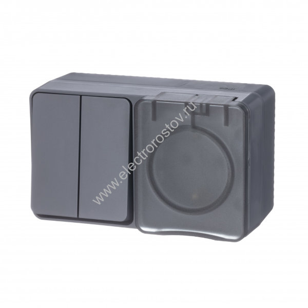 AtlasDesign Profi54 Антрацит БЛОК: розетка с/з со шторками 16А, выключатель 2-клав. IP54 Schneider