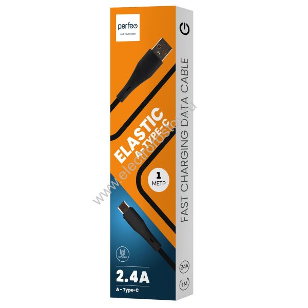 Шнур USB A - Type-C 1м, черный ELASTIC силикон Perfeo