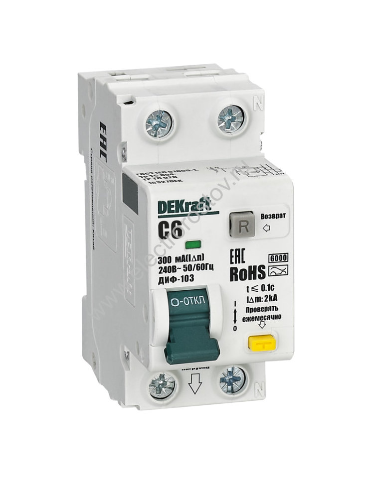ДИФ-103 Автоматический выключатель диф. тока (АВДТ) 1P+N 6кА С06 300мА АС DEKraft