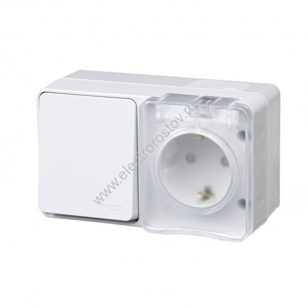 AtlasDesign Profi54 Белый БЛОК: розетка с/з со шторками 16А, выключатель 1-клав. IP54 Schneider