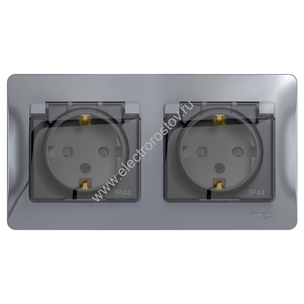 Glossa Алюминий Розетка 2-ая с/з, со шторками с крышкой, в сборе, IP44 Schneider Electric